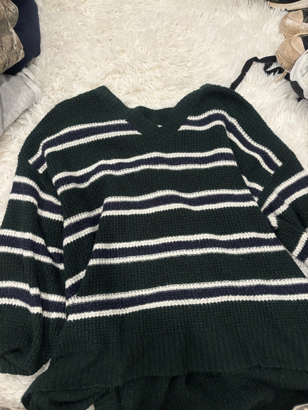 American Eagle Outfitters Dark Green V-Neck Striped Sweater